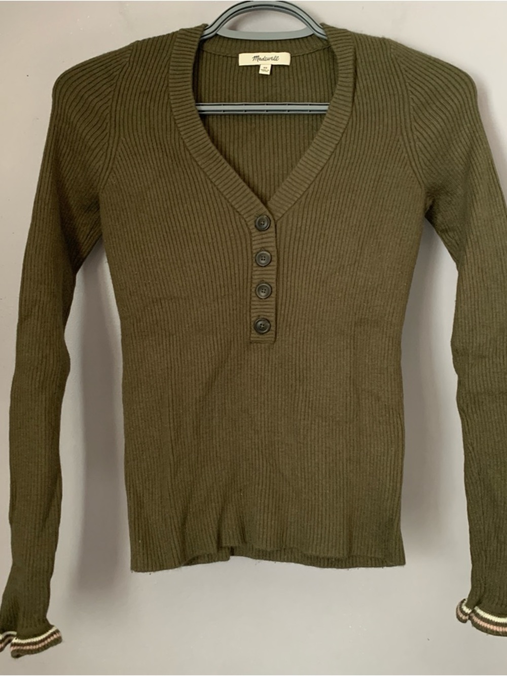 Madewell Olive Green Ribbed Henley Sweater Long Sleeve Button Front Knit Top